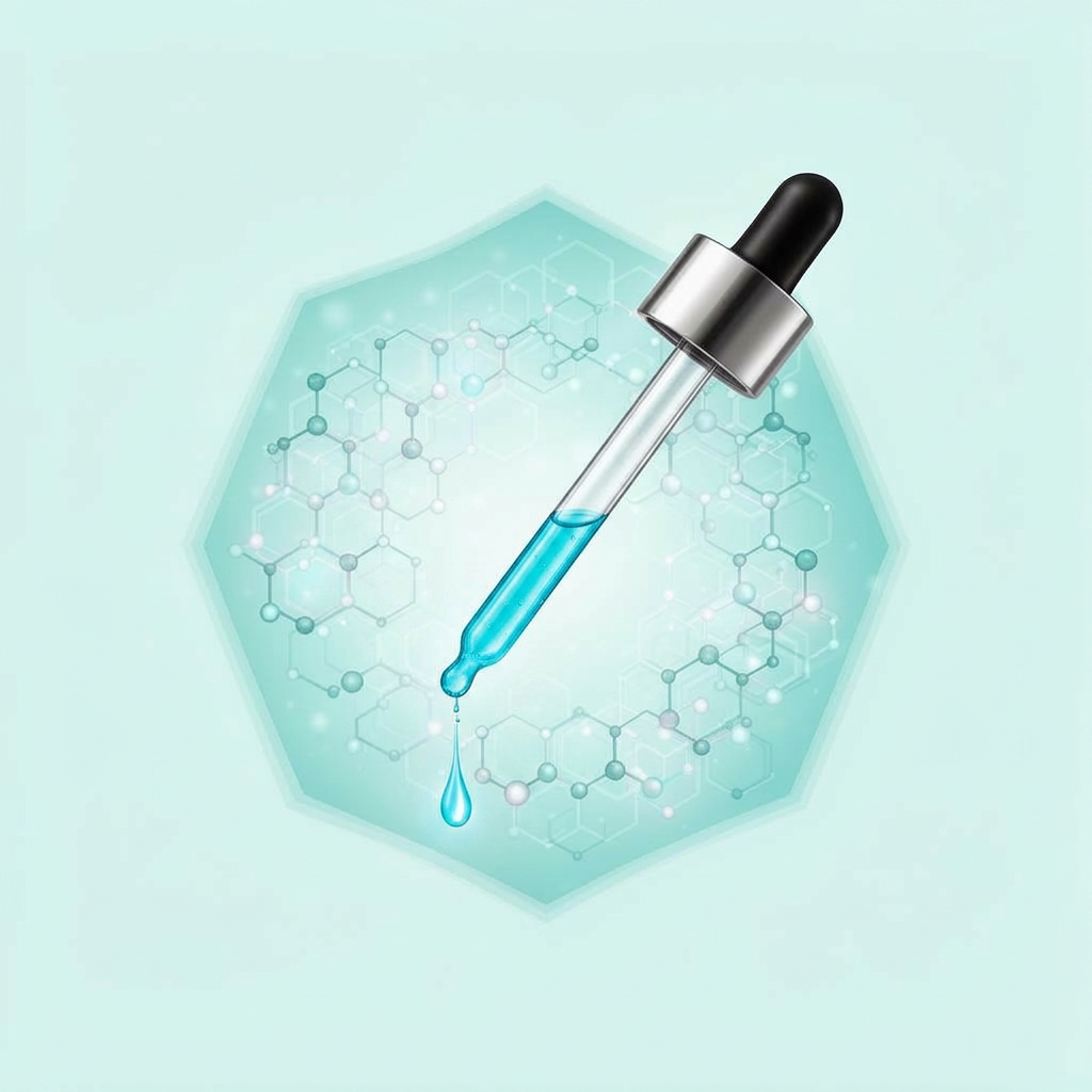 Hexagonal illustration of a dropper dispensing a compound into a molecular network, representing PharmAla's R&D process